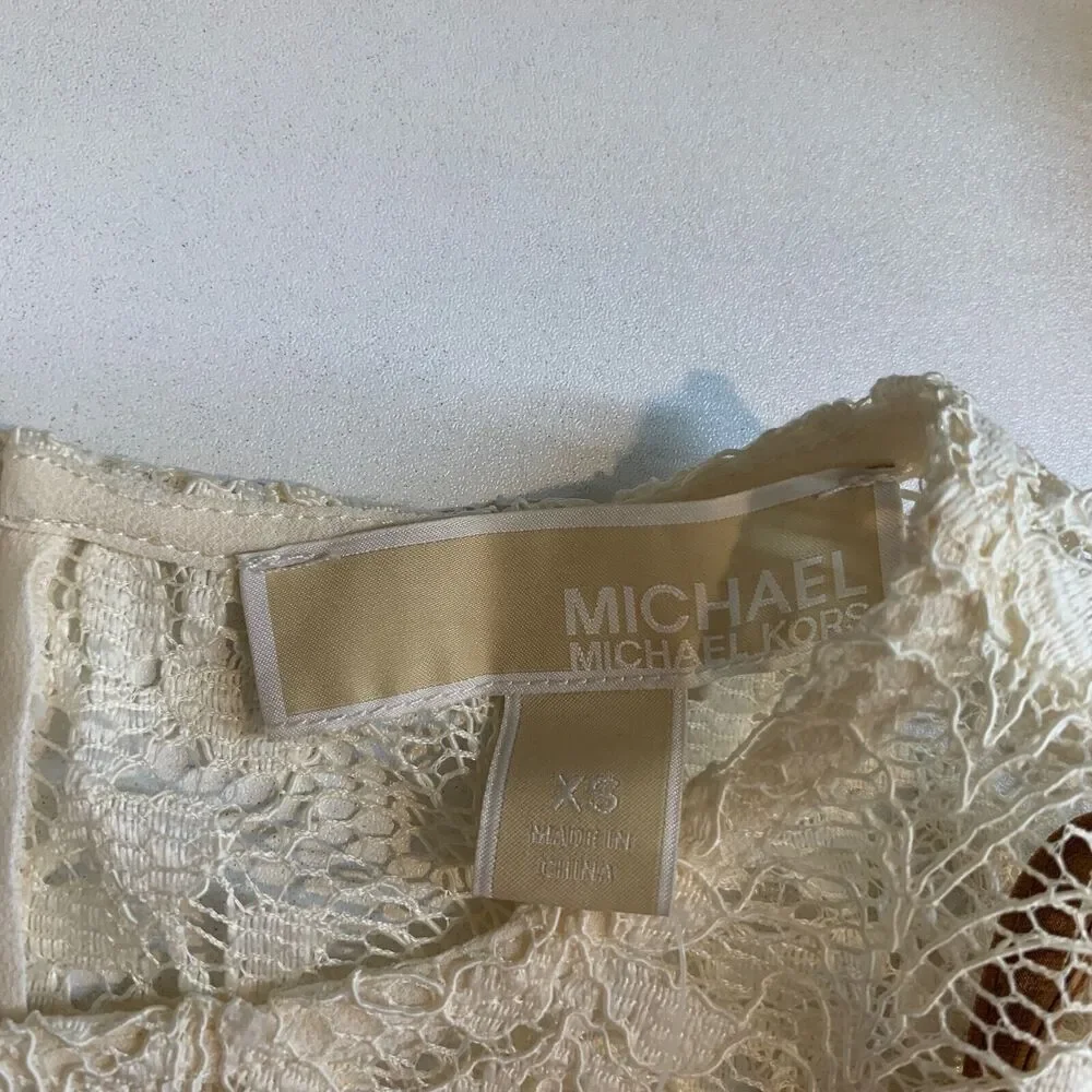 Michael Kors Dress Women Extra Small Ivory Sheer Lace Overlay Bell Sleeves Lined